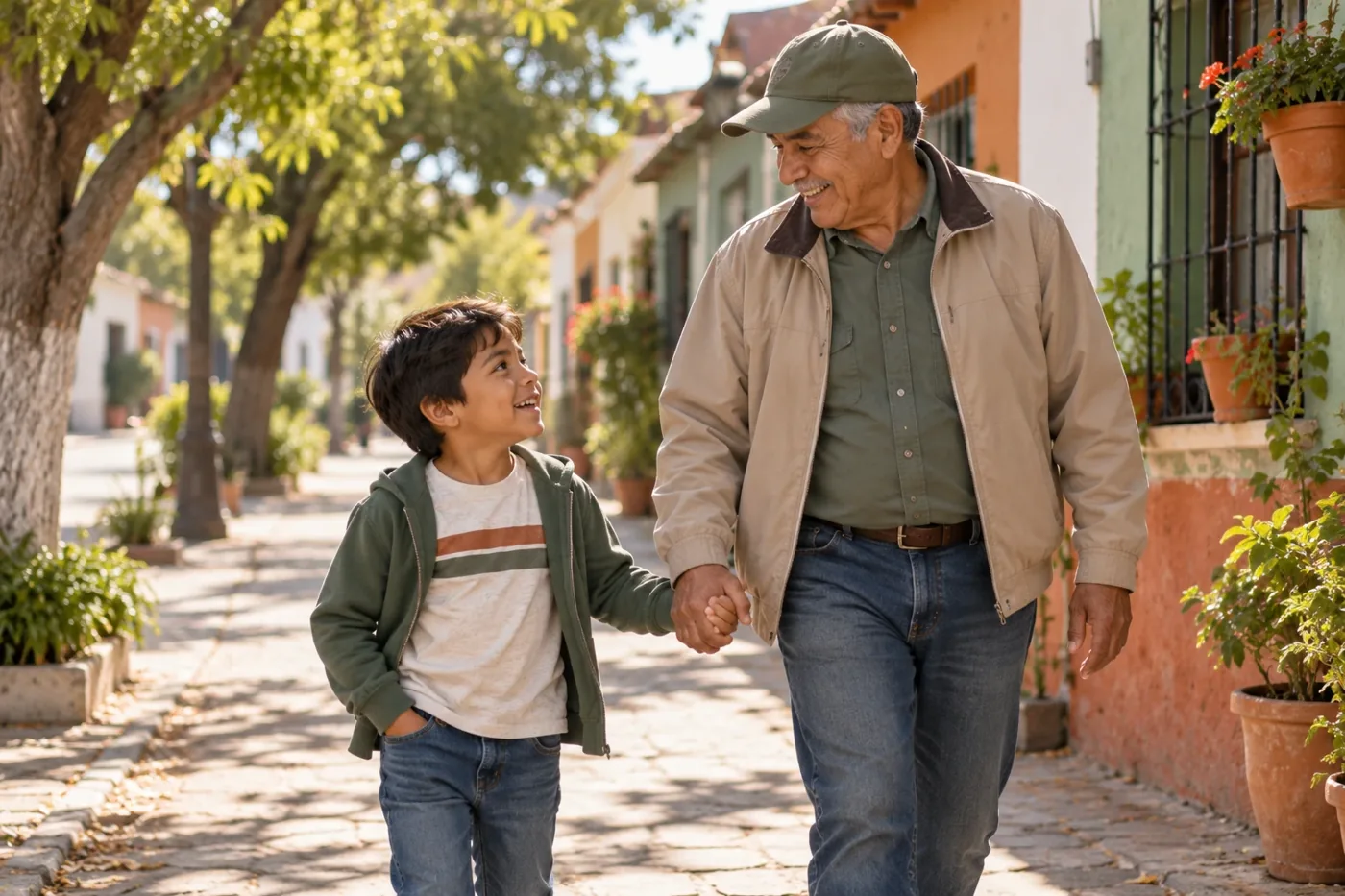 Un abuelo camina de la mano de su nieto por una calle de barrio