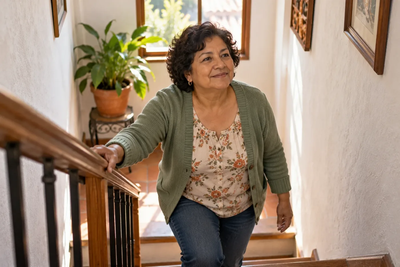 Una señora sube las escaleras de su casa apoyada en el pasamanos