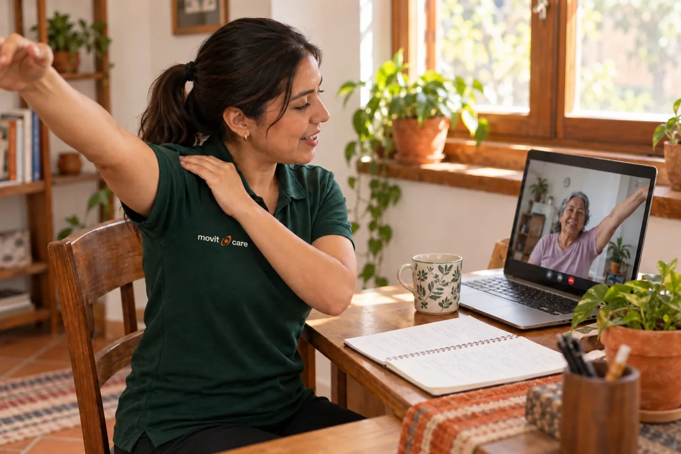 Una fisioterapeuta de movit.care muestra un ejercicio de hombro a una paciente por videollamada desde su casa